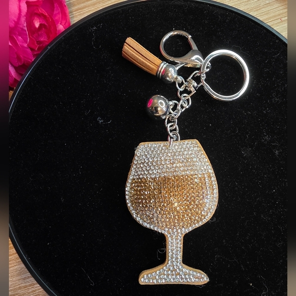 Sparkly Wine Glass Rhinestone Handbag Charm -  Keychain - Picture 1 of 1
